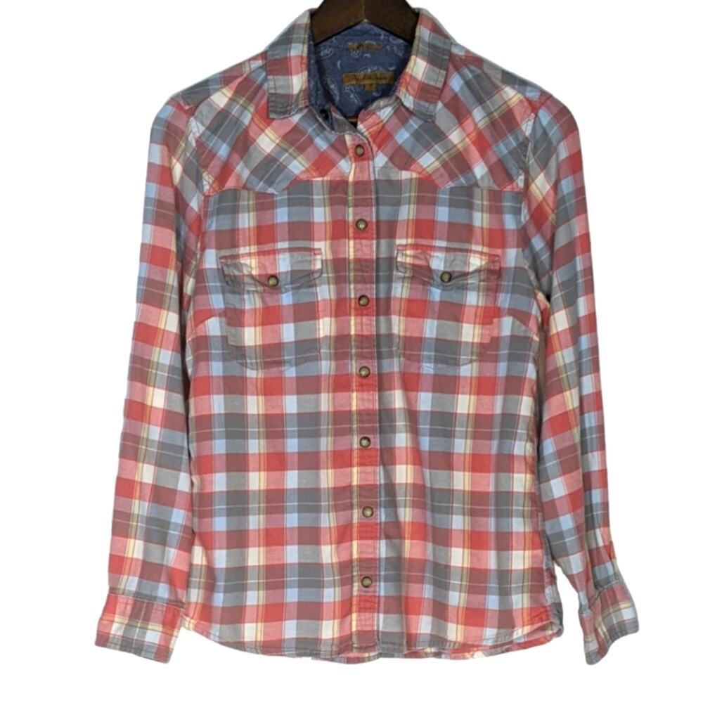 JACHS Girlfriend Plaid Flannel BEA Western Shirt Snap Front Blue Pink Small